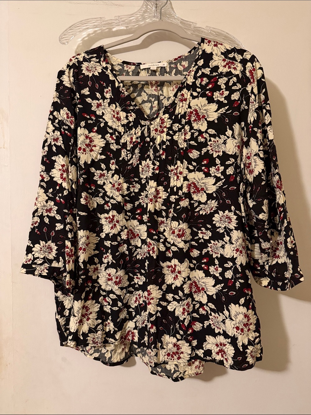 fun 2 fun Black Floral Blouse with Cream and Red Blooms